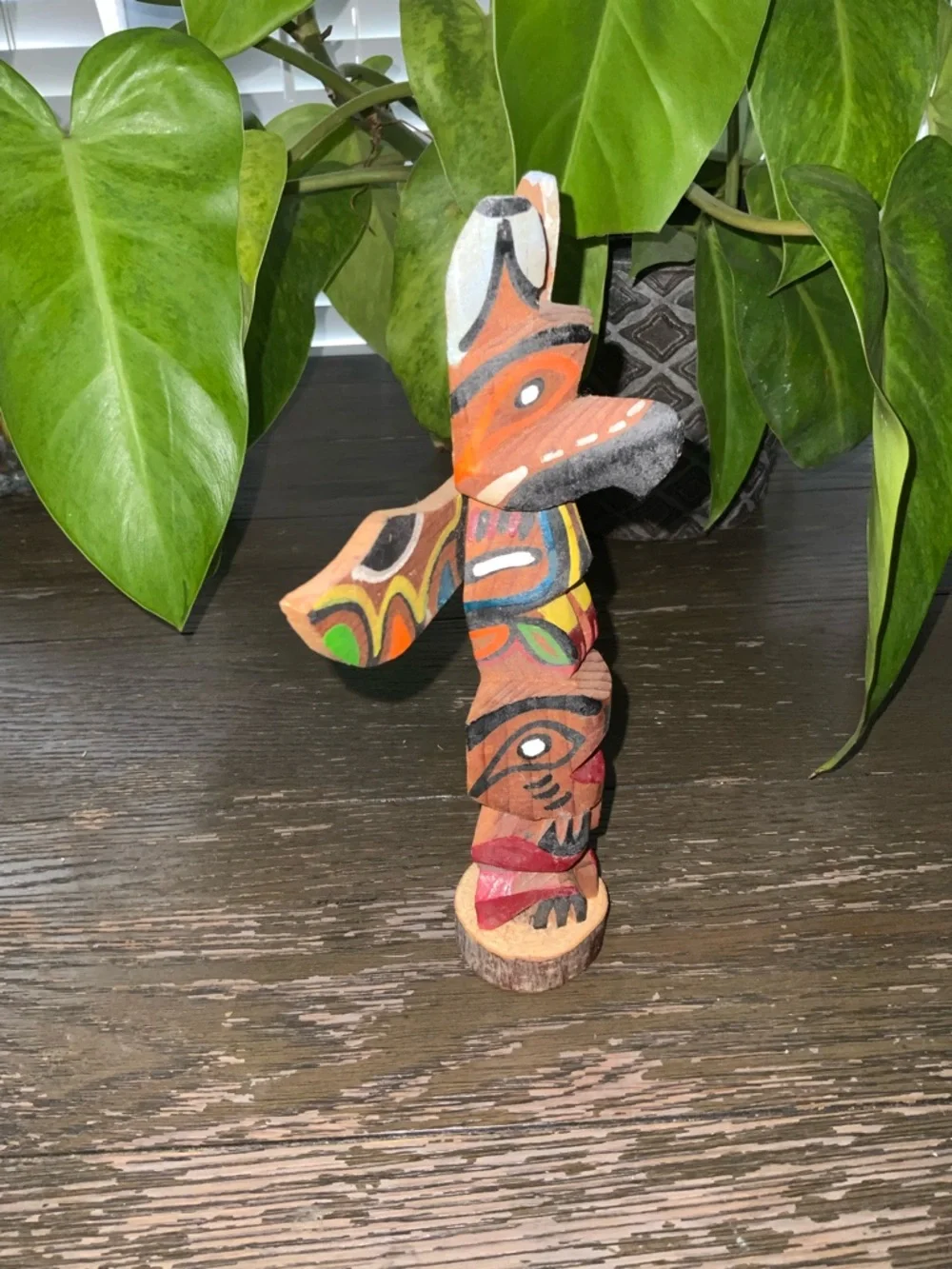Vintage Native American Hand-Painted Wooden Totem Pole Sculpture - Multi-Color